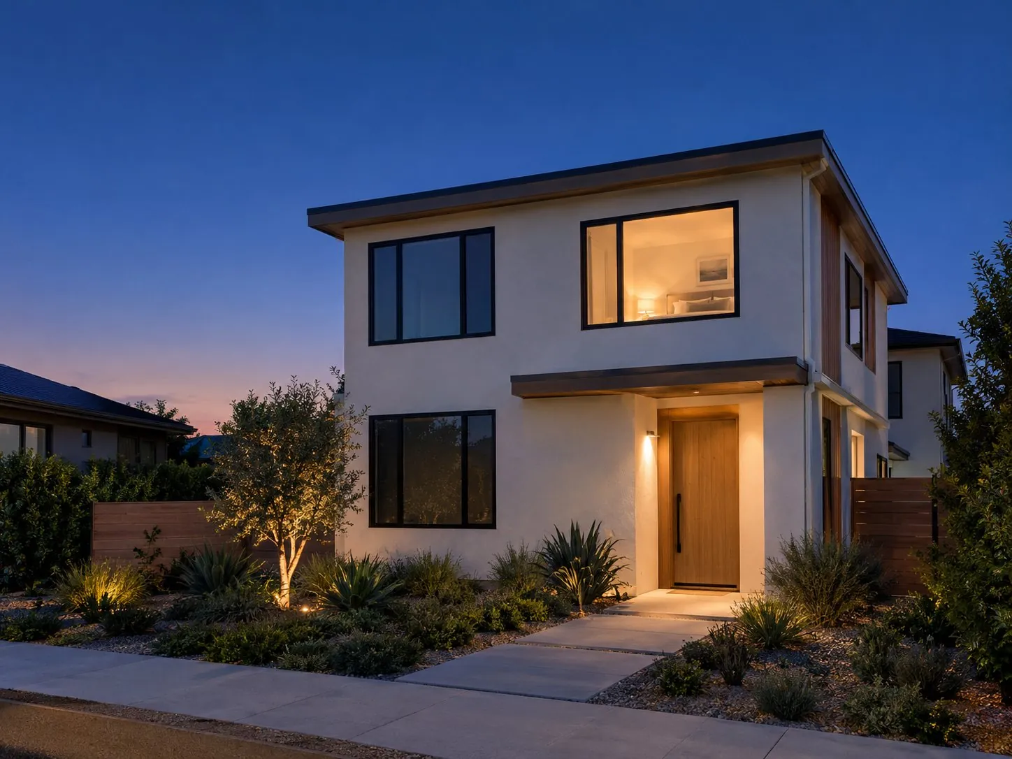 A vacation rental at dusk with one lit window